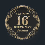 16th Birthday Partyブラック&金ゴールドグリッター枠 ペーパープレート<br><div class="desc">16th Birthday Partyブラックと金ゴールドグリッターフレーム紙プレート。さらにカスタマイクリックズを行う場合はカスタマイズ、「IT」ボタンをクリックし、このテンプレートを変更するためにデザインツールを使用する。</div>