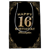 16th Birthday Partyブラック&金ゴールドグリッター枠 ミディアムペーパーバッグ (正面)