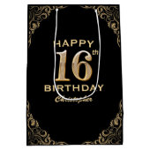16th Birthday Partyブラック&金ゴールドグリッター枠 ミディアムペーパーバッグ (裏面)