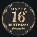 16th Birthday Partyブラック&金ゴールドグリッター枠 ラウンドシール<br><div class="desc">16th Birthday Partyブラックと金ゴールドグリッターフレームステッカー。さらにカスタマイクリックズを行う場合はカスタマイズ、「IT」ボタンをクリックし、このテンプレートを変更するためにデザインツールを使用する。</div>