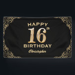 16th Birthday Partyブラック&金ゴールドグリッター枠 横断幕<br><div class="desc">16th Birthday Partyブラックと金ゴールドグリッターフレームバナー。さらにカスタマイクリックズを行う場合はカスタマイズ、「IT」ボタンをクリックし、このテンプレートを変更するためにデザインツールを使用する。</div>