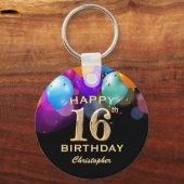 16th Birthday Partyブラック&金ゴールドバルーン キーホルダー (正面)