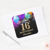 16th Birthday Partyブラック&金ゴールドバルーン スクエアシール (封筒)