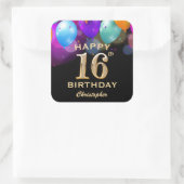 16th Birthday Partyブラック&金ゴールドバルーン スクエアシール (バッグ)