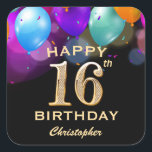 16th Birthday Partyブラック&金ゴールドバルーン スクエアシール<br><div class="desc">16th誕生日パーティーブラックとゴールドのカラフルなバルーンと紙吹雪シール。さらにカスタマイクリックズを行う場合はカスタマイズ、「IT」ボタンをクリックし、このテンプレートを変更するために当社のデザインツールを使用する。</div>