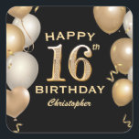 16th Birthday Partyブラック&金ゴールドバルーン スクエアシール<br><div class="desc">16thバースデーパーティーブラックと金ゴールドバルーンと紙吹雪シール。さらにカスタマイクリックズを行う場合はカスタマイズ、「IT」ボタンをクリックし、このテンプレートを変更するために当社のデザインツールを使用する。</div>