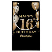 16th Birthday Partyブラック&金ゴールドバルーン スモールペーパーバッグ (裏面)