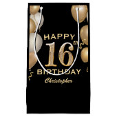 16th Birthday Partyブラック&金ゴールドバルーン スモールペーパーバッグ (正面)