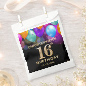 16th Birthday Partyブラック&金ゴールドバルーン フェイバーバッグ (クリップ留めされた状態)