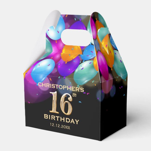 16th Birthday Partyブラック&金ゴールドバルーン フェイバーボックス (正面サイド)