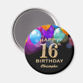 16th Birthday Partyブラック&金ゴールドバルーン マグネット (正面/裏面)