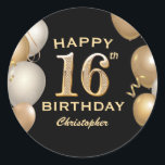 16th Birthday Partyブラック&金ゴールドバルーン ラウンドシール<br><div class="desc">16thバースデーパーティーブラックと金ゴールドバルーンと紙吹雪シール。さらにカスタマイクリックズを行う場合はカスタマイズ、「IT」ボタンをクリックし、このテンプレートを変更するために当社のデザインツールを使用する。</div>