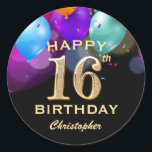 16th Birthday Partyブラック&金ゴールドバルーン ラウンドシール<br><div class="desc">16th誕生日パーティーブラックとゴールドのカラフルなバルーンと紙吹雪シール。さらにカスタマイクリックズを行う場合はカスタマイズ、「IT」ボタンをクリックし、このテンプレートを変更するために当社のデザインツールを使用する。</div>