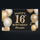 16th Birthday Partyブラック&金ゴールドバルーン 横断幕<br><div class="desc">16thバースデーパーティーブラックと金ゴールドバルーンと紙吹雪バナー。さらにカスタマイクリックズを行う場合はカスタマイズ、「IT」ボタンをクリックし、このテンプレートを変更するためにデザインツールを使用する。</div>