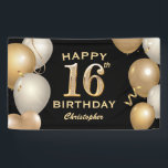 16th Birthday Partyブラック&金ゴールドバルーン 横断幕<br><div class="desc">16thバースデーパーティーブラックと金ゴールドバルーンと紙吹雪バナー。さらにカスタマイクリックズを行う場合はカスタマイズ、「IT」ボタンをクリックし、このテンプレートを変更するためにデザインツールを使用する。</div>