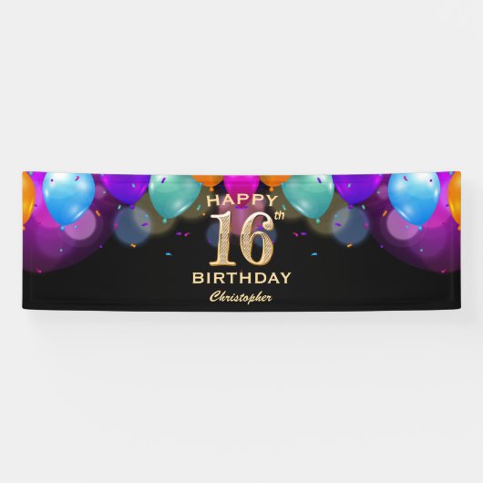 16th Birthday Partyブラック&金ゴールドバルーン 横断幕 (横)