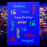16th Birthday Partyブルーゲストブックネーム、スパイラル ノートブック<br><div class="desc">16歳の誕生日パーソナライズされたパーティーやその他の大事な行事のための素敵なスパイラルのノートのゲストブック。表紙には、名前と年齢がフォントで繰り返違うし、明るい青の背景に原色が表示される。パーソナライズする簡単 – 名前、年齢、大事な行事を1か所で変更。最大9個の名前をサポートキャラクター。カラフルとおもしろい誕生日パーティーゲストブック – 任意の名前、任意の年齢に変更する簡単。All Rights Reserved © 2014 Alan & Marcia Socolik.</div>
