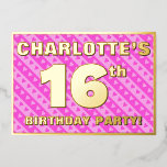 16th Birthday Party —おもしろいピンクのハートとストライプ 箔招待状<br><div class="desc">このおもしろいと楽しい16歳の誕生日パーティーフォイル招待カードデザインの正面には、名前パーソナライズされた、多数の"16th"、メッセージ"BIRTHDAY PARTY!"、および縁ど1つのメッセージが含まれる。フロントの背景にはハートの形をした明るい濃いピンクと淡いピンクのパターストライプのンが付いている。バックにはパーソナライズされた、日付、時刻、会場、その他の重要な情報など、イベントに関する詳細が含まれている。招待状カスタマイズは、招待状の参加者やゲストが16歳の誕生日を祝って行われる誕生日の集まりに向かうおもしろいの方法かもしれない。[～Z0000603]</div>