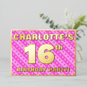 16th Birthday Party —おもしろいピンクのハートとストライプ 箔招待状 (立ち正面)