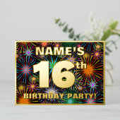 16th Birthday Party —おもしろい、カラフルFireworks Look 箔招待状 (立ち正面)
