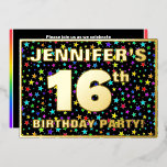 16th Birthday Party —おもしろい、スターカラフルズ・パターン 箔招待状<br><div class="desc">このエキサイティング鮮やかな16歳の誕生日パーティーフォイル招待状デザインの正面には、編集可能な名前、多数の"16th"、メッセージ"BIRTHDAY PARTY!"、および縁どaが含まれる。前面の背景にはおもしろい色の星形数々のが施されている。背面にはパーソナライズされた、日付、時刻、場所、その他の有用な情報など、イベントに関する詳細が表示される。このような編集可能な招待状は、誰かの16歳の誕生日のお祝いで開催される誕生日の集まり/パーティーに招待状のゲスト/出席者へのおもしろいの方法である可能性がある。[～Z0000600]</div>