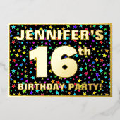 16th Birthday Party —おもしろい、スターカラフルズ・パターン 箔招待状 (正面)