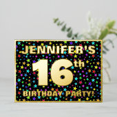 16th Birthday Party —おもしろい、スターカラフルズ・パターン 箔招待状 (立ち正面)