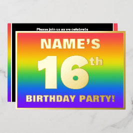 16th Birthday Party:おもしろい、レインボーカラフルパターン 箔招待状