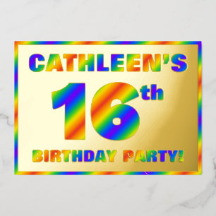 16th Birthday Party —おもしろい、レインボースペクトル「16」 箔招待状