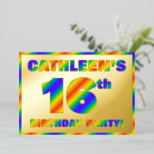 16th Birthday Party —おもしろい、レインボースペクトル「16」 箔招待状 (立ち正面)