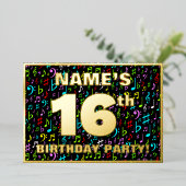 16th Birthday Party —おもしろい、音楽シカラフルンボル 箔招待状 (立ち正面)