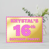 16th Birthday Party — はっきりした、おもしろい、ピンクストライプ色16 箔招待状 (立ち正面)