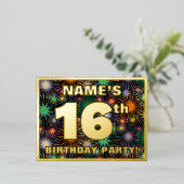 16th Birthday Party:, はっきりした Fireworks カラフル Look 箔招待状ポストカード (立ち正面)
