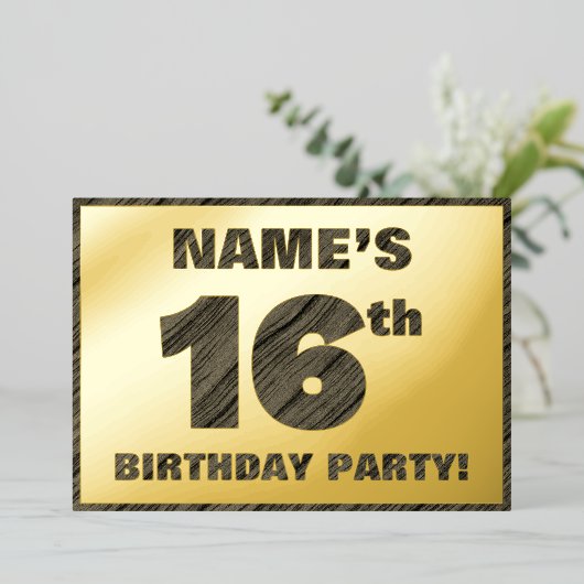16th Birthday Party — はっきりした Wood Grainフェイク文字 箔招待状 (立ち正面)