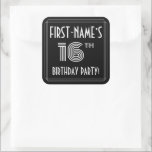 16th Birthday Party:アールデコスタイルと名前をカスタムする スクエアシール<br><div class="desc">このエレガント第16誕生祝いスクエアのシールのデザインは、名前パーソナライズされたとファンシー、芸術のデコのルックインスパイアス"16th"、メッセージ"BIRTHDAY PARTY!"、そしてラインを備えているライン。デフォルトでは黒い色の背景が付いているが、好カスタマイズみの色にも使えもしる。16歳の誕生日を迎える誕生日パーティーで使用したり配布したり祝、そのようなイベントのために招待状を準備したりプレゼントを包んだりするときなどに使用されるかもしれない。[～Z0000617]</div>