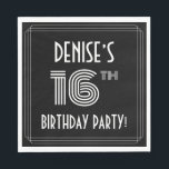 16th Birthday Party:アールデコスタイル 名前をカスタムする スタンダードランチョンナプキン<br><div class="desc">1920年代スタイリッシュ-1930年代のスタイル/お祝い紙ナプキンデザインは、カスタマイズ可能な名前、複雑なデコスタイル数インスパイア16位、メッセージ「BIRTHDAY PARTY!」、メッセージとメッセージを持つ1920年代から1930年代までのを備えている。デフォルトでは黒色の背景を備えているがカスタマイズ、色にも好きな色に違うなることがもしできる。紙スタイリッシュナプキンは、16歳の誕生日のお祝いで誰かの誕生日パーティーを開催する際に使用されるかもしれない。[～Z0000616]</div>