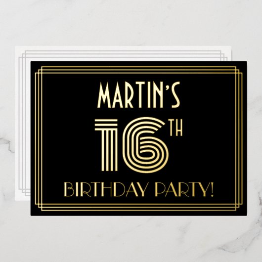 16th Birthday Party —アールデコスタイル「16」 +名前 箔招待状 (正面/裏面)