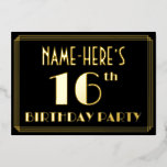 16th Birthday Party:アールデコルック"16"，名前あり 箔招待状<br><div class="desc">1920年代/1930年代のスタイルインスパイアと1930年代の誕生祝いの前には、名前、大きなアートのデコスタイルの数インスパイアパーソナライズされた「16th」、メッセージ「BIRTHDAY PARTY」、ラインのスタイルを表すヴィンテージのスタイルが登場する。前面にはデフォルトで黒い色の背景が付いているが、希望の色にするカスタマイズことが違う可能でもしある。バックにはパーソナライズされた、日付、時刻、会場、その他の重要な情報など、イベントに関する詳細が含まれている。16歳エレガントの誕生日のお祝いで開催される誕生日パーティーにゲストを招待状するために、このような豪華でカスタマイズ可能な招待状を使用する可能性がある。[～Z0000591]</div>