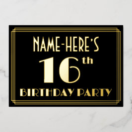 16th Birthday Party:アールデコルック"16"，名前あり 箔招待状