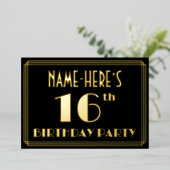 16th Birthday Party:アールデコルック"16"，名前あり 箔招待状 (立ち正面)