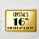 16th Birthday Party —アールデコ検索「16」  名前 箔招待状<br><div class="desc">1920年代インスパイア/1930年代と1930年代のスタイルと16歳の誕生日パーティーの前には、名前をカスタムする、大きなアートのデコスタイルの数数"16th"、メッセージ"BIRTHDAY PARTY"、ラインのパターンを備えたが並んでいる。バックにはパーソナライズされた、日付、時刻、会場、その他の重要な情報など、イベントに関する詳細が含まれている。豪華スタイリッシュでパーソナライズされた、このような招待状は、誰かの16歳の誕生日に開催される誕生日の集ま祝りの招待状に使われるかもしれない。[～Z0000592]</div>