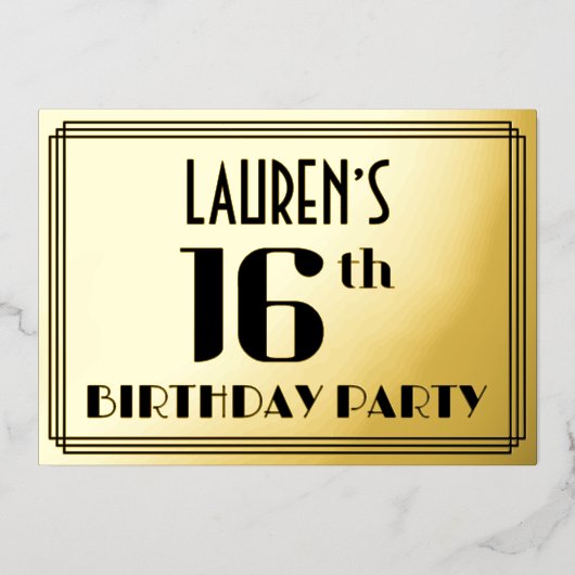 16th Birthday Party:アールデコ「16」と名前 箔招待状 (正面)
