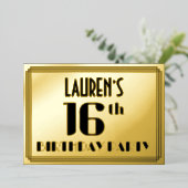 16th Birthday Party:アールデコ「16」と名前 箔招待状 (立ち正面)