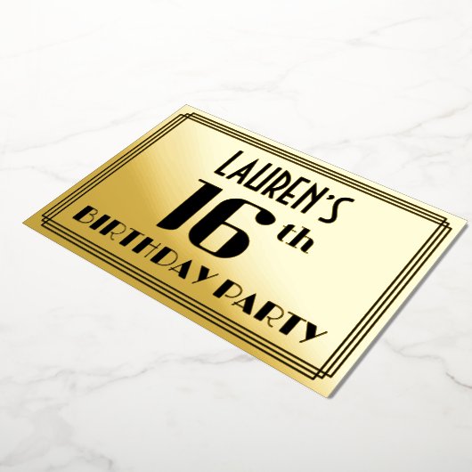 16th Birthday Party:アールデコ「16」と名前 箔招待状 (回転した状態)