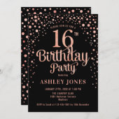 16th Birthday Party – ブラック&バラ金ゴールド 招待状 (正面/裏面)