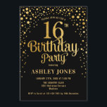 16th Birthday Party – ブラック&金ゴールド 招待状<br><div class="desc">16th Birthday Party Invitation（誕生日パーティーの招待状）黒エレガント色のデザインとフェイクグリッター金ゴールド。スクリプトスタイリッシュのフォントと紙吹雪の機能。メッセージもしメッセージはカスタム年齢。</div>