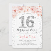16th Birthday Party – ホワイトシルバーピンク 招待状 (正面)