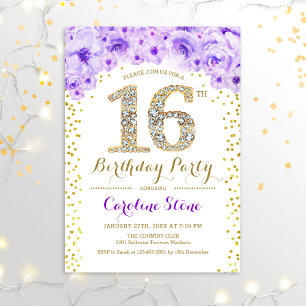 16th Birthday Party – ホワイト金ゴールドパープル 招待状