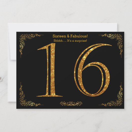 16th Birthday party, Gatsby styl,ブラック金ゴールドグリッター 招待状 (正面)