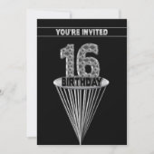 16th Birthday Party Invitation - Silver and Black, 招待状 (正面)